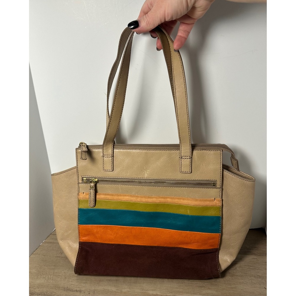 Vibrant Color Block Tan Fossil Shoulder Zip Too‎ Handbag Large Tote